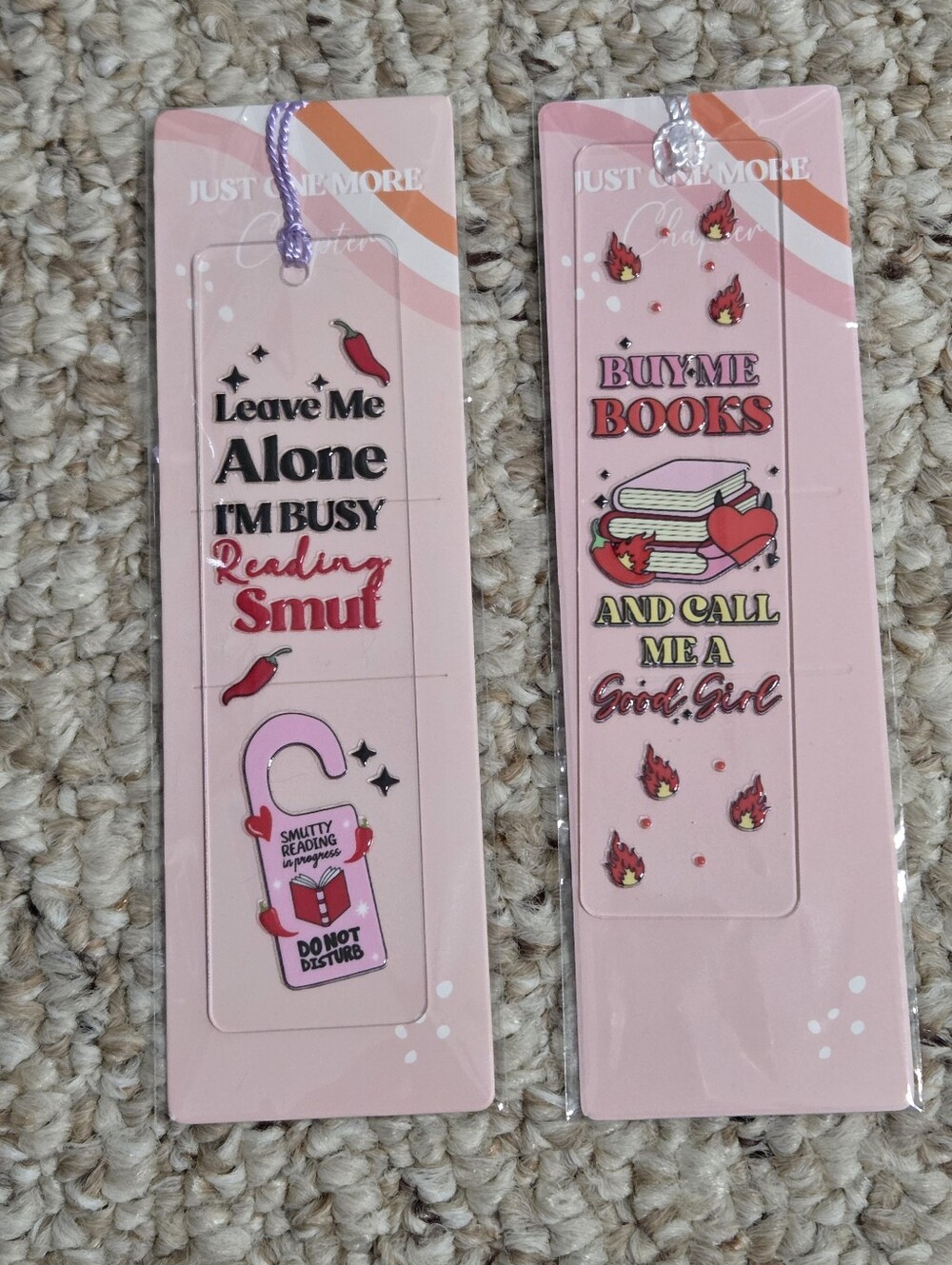 Hand Crafted Pink 'Book Lovers' Bookmark Pair with Flame Accents